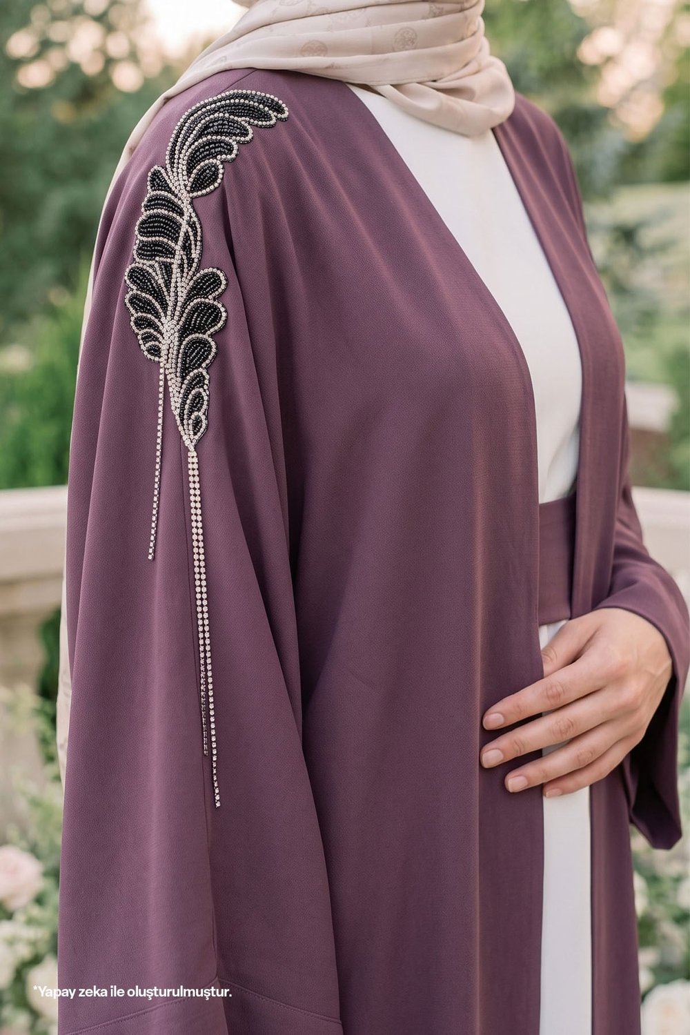 Dökümlü Taşlı Elbiseli Gül Kurusu Abaya