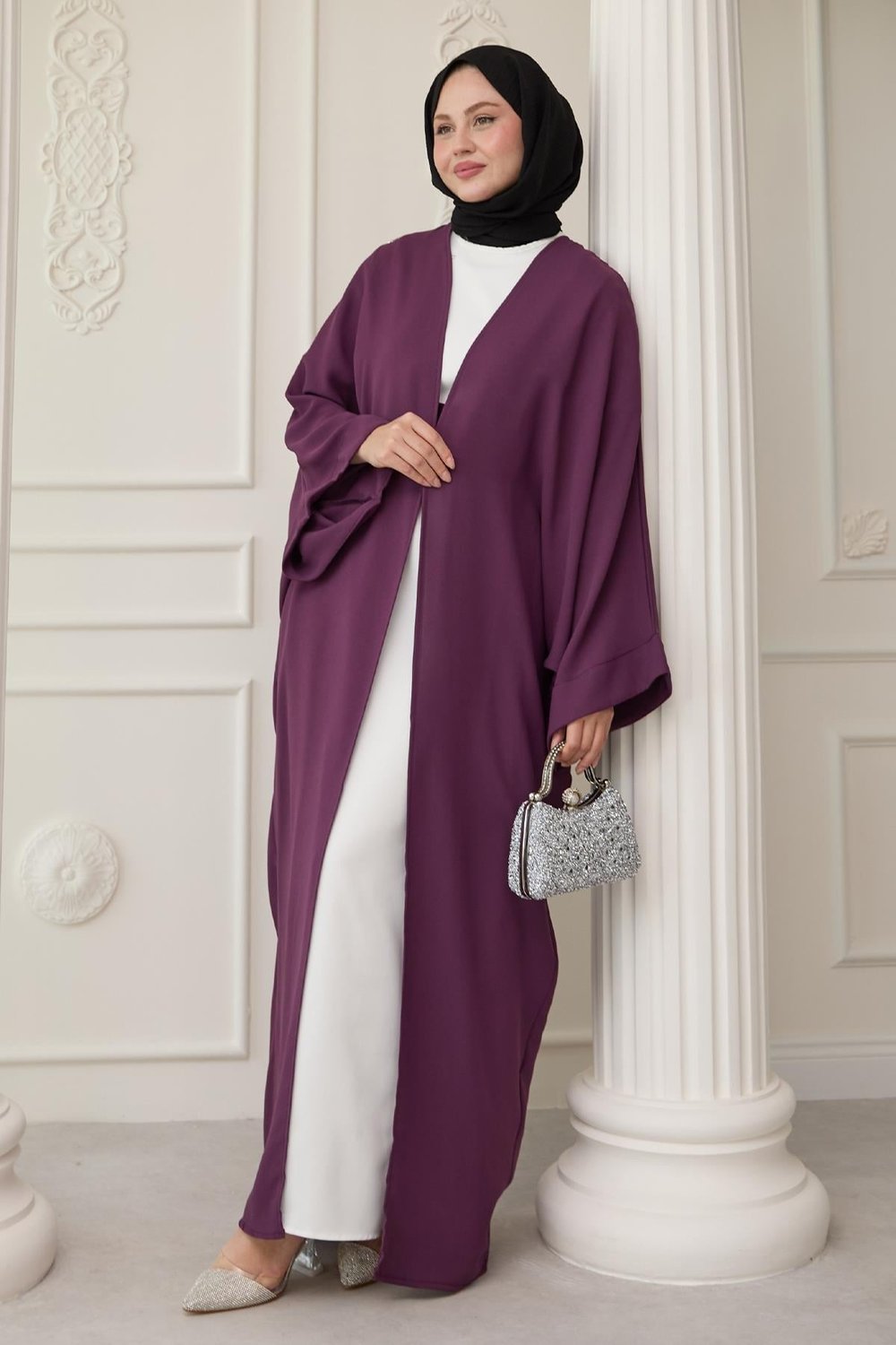 Dökümlü Taşlı Elbiseli Mor Abaya