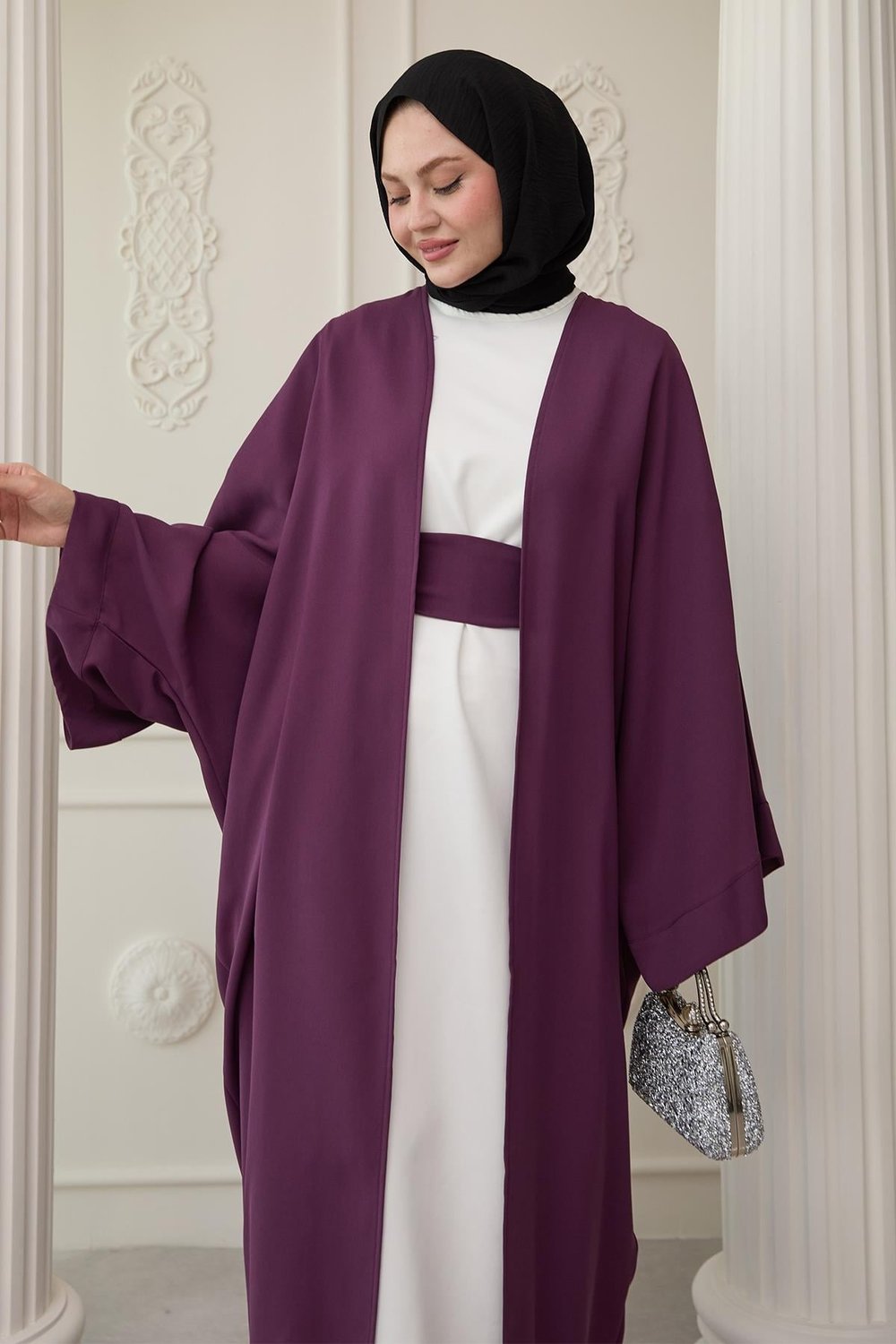 Dökümlü Taşlı Elbiseli Mor Abaya