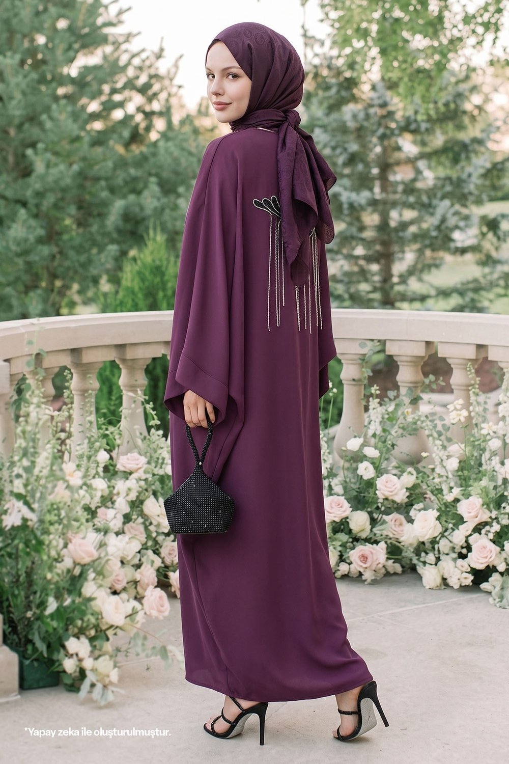 Dökümlü Taşlı Elbiseli Mor Abaya