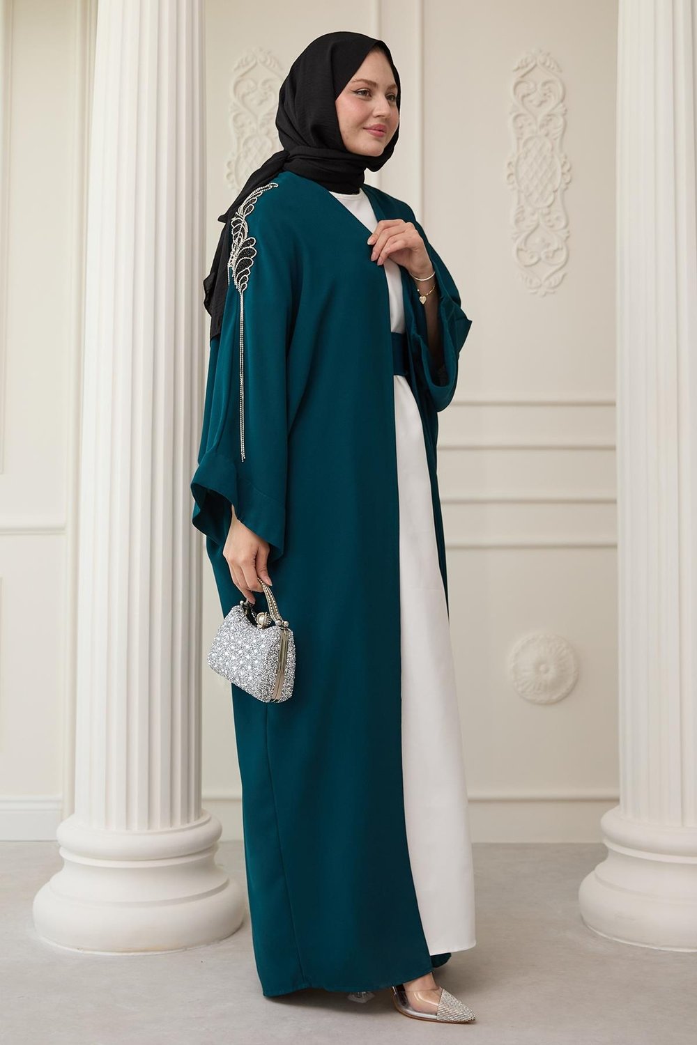 Dökümlü Taşlı Elbiseli Petrol Mavisi Abaya