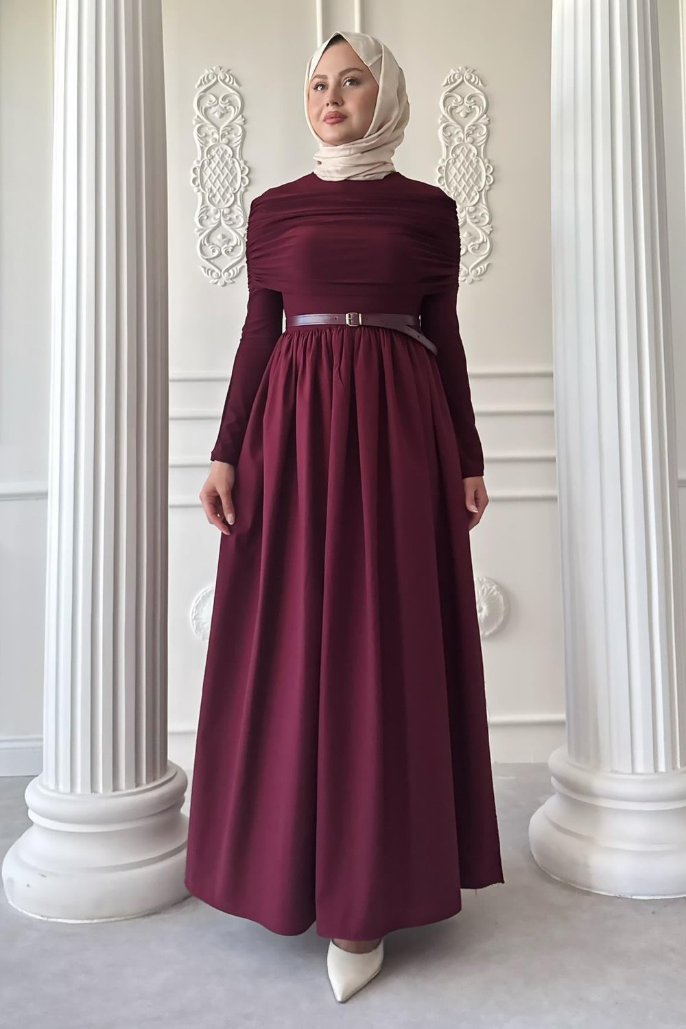 Drapeli Sandy Cotton Bordo Elbise
