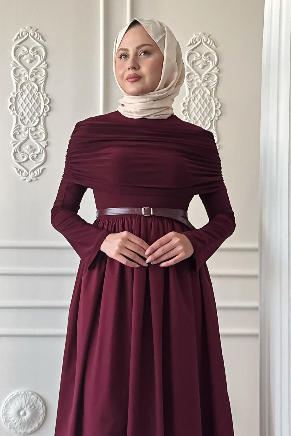 Drapeli Sandy Cotton Bordo Elbise