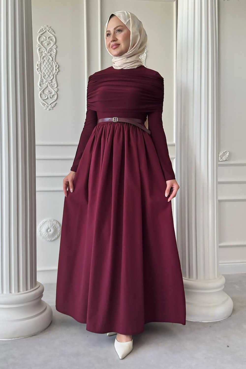 Drapeli Sandy Cotton Bordo Elbise