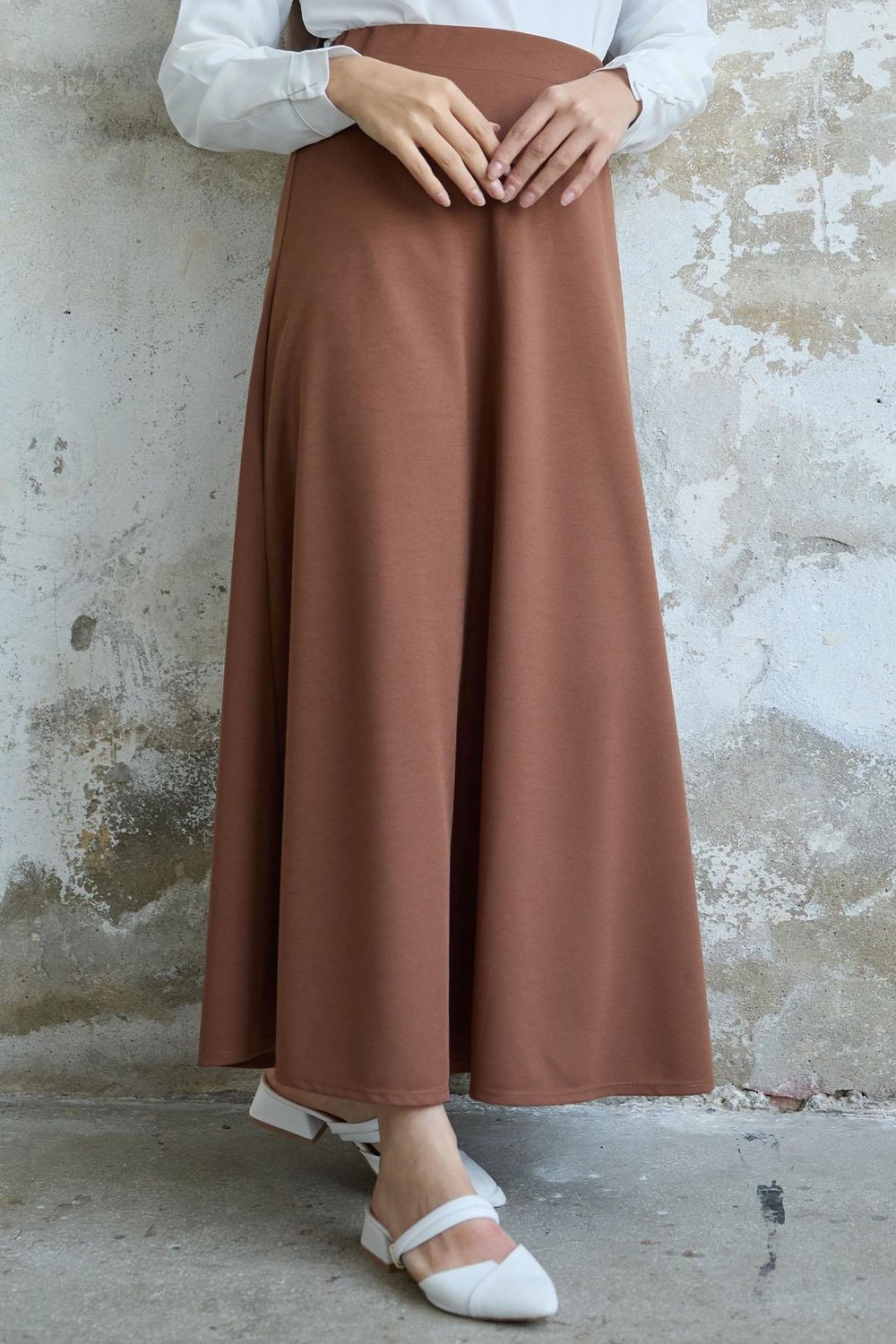 Duble Örme Kumaş Etek - Taba