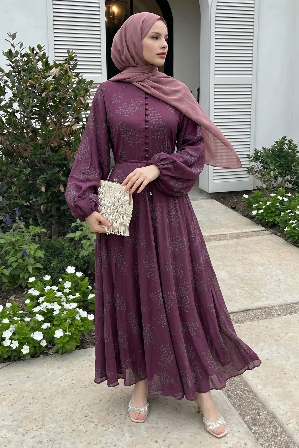 Düğme Detaylı Çiçekli Mürdüm Elbise