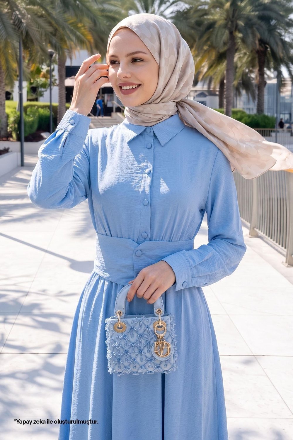 Düğmeli Beli Lastikli Bebe Mavisi Elbise