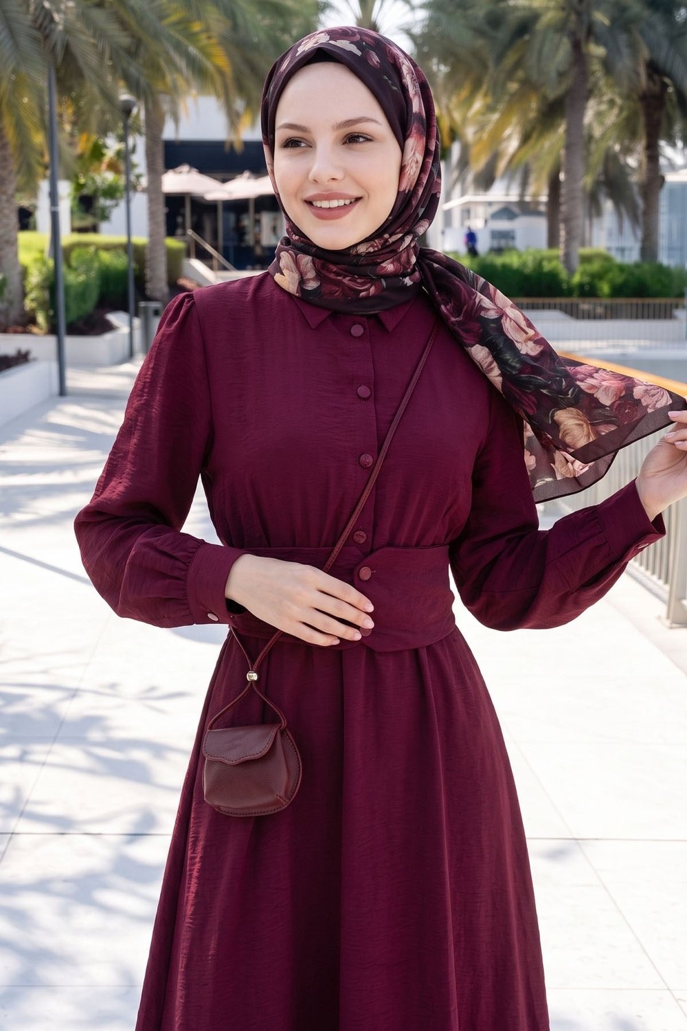 Düğmeli Beli Lastikli Bordo Elbise