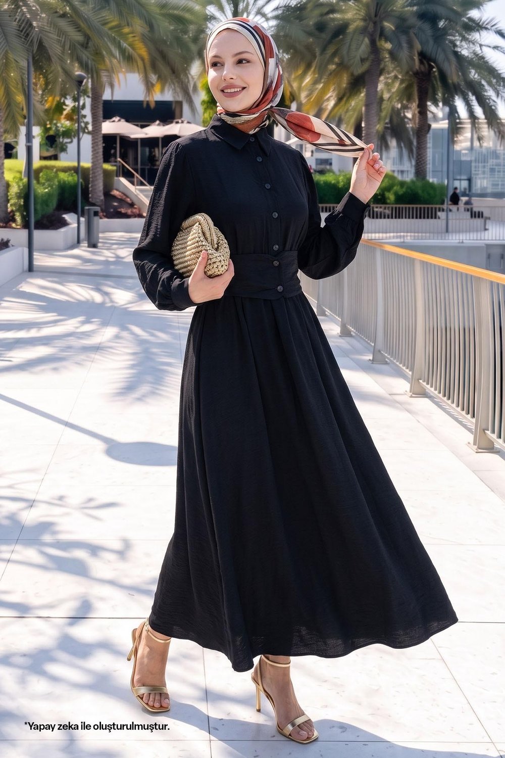Düğmeli Beli Lastikli Siyah Elbise