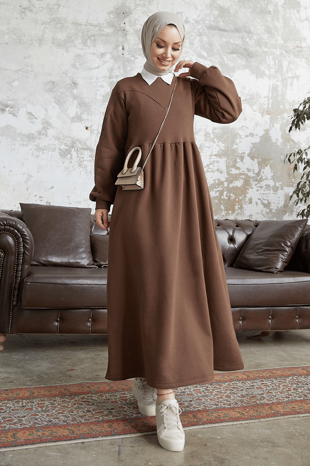 Elenor Balloon Sleeve Dress - Brown