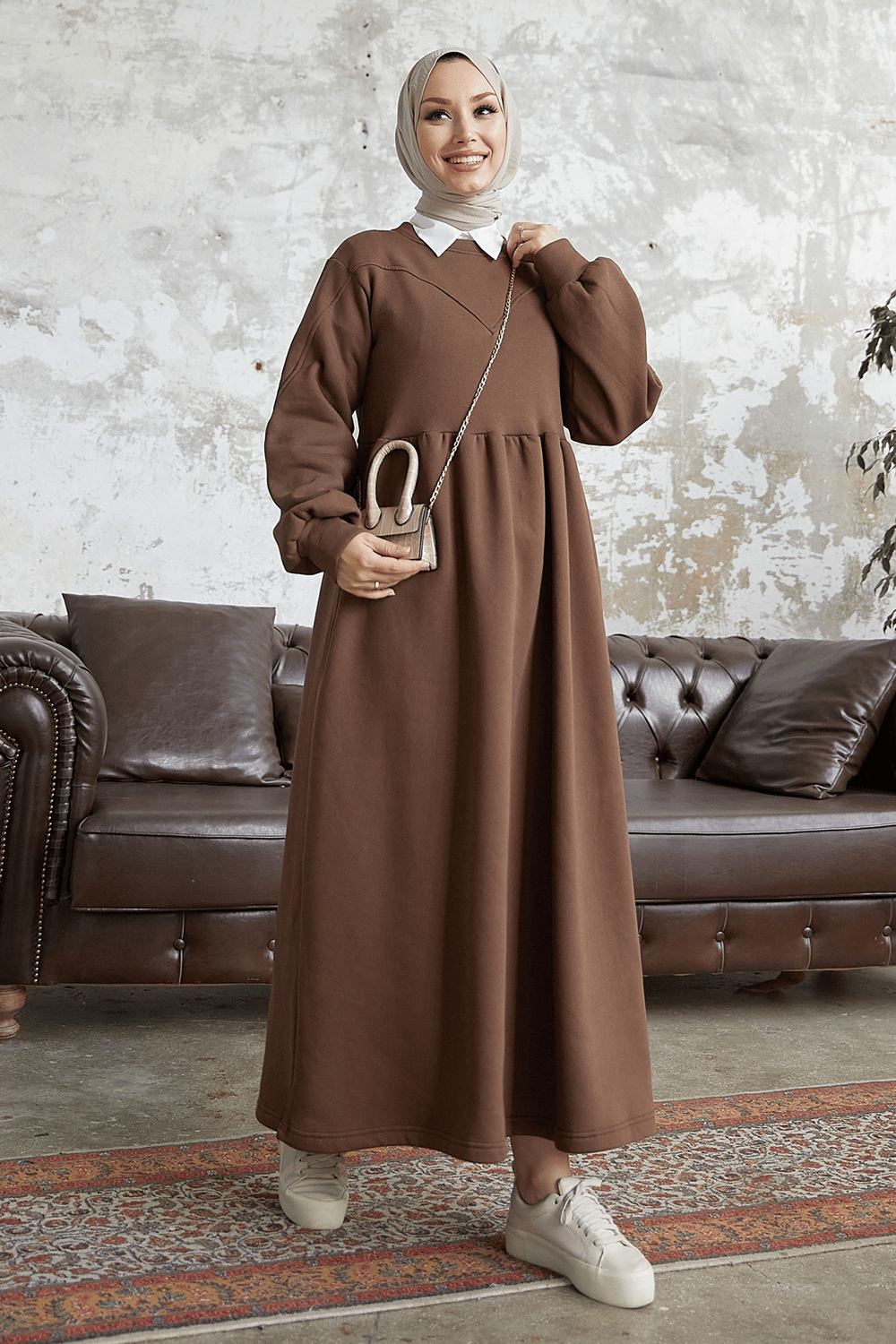 Elenor Balloon Sleeve Dress - Brown