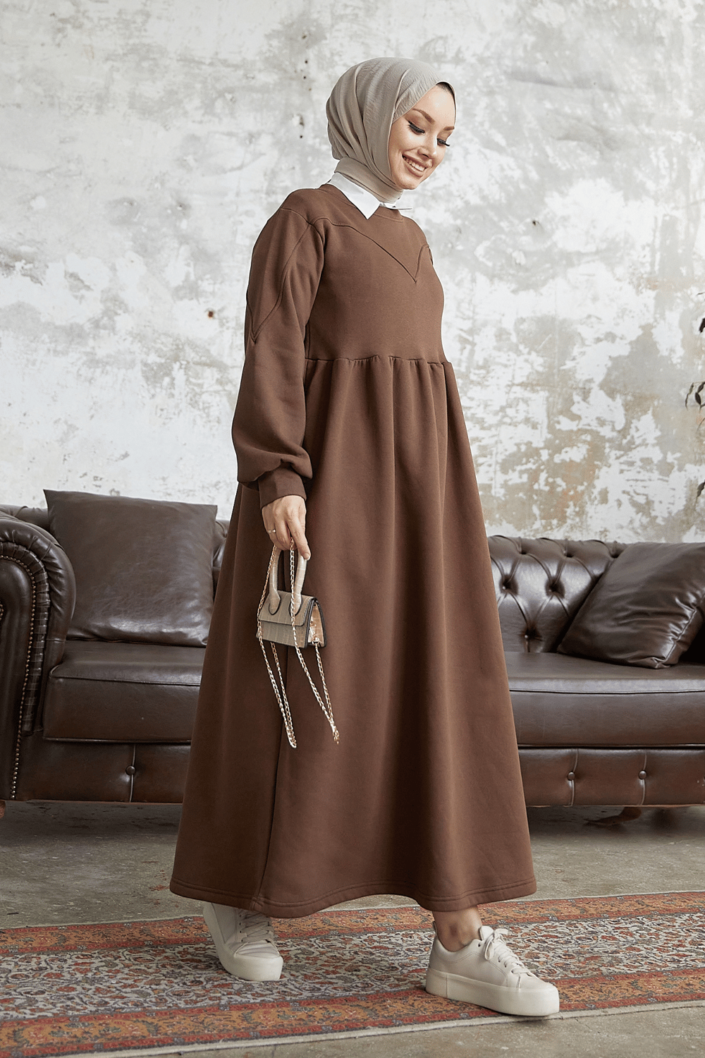 Elenor Balloon Sleeve Dress - Brown