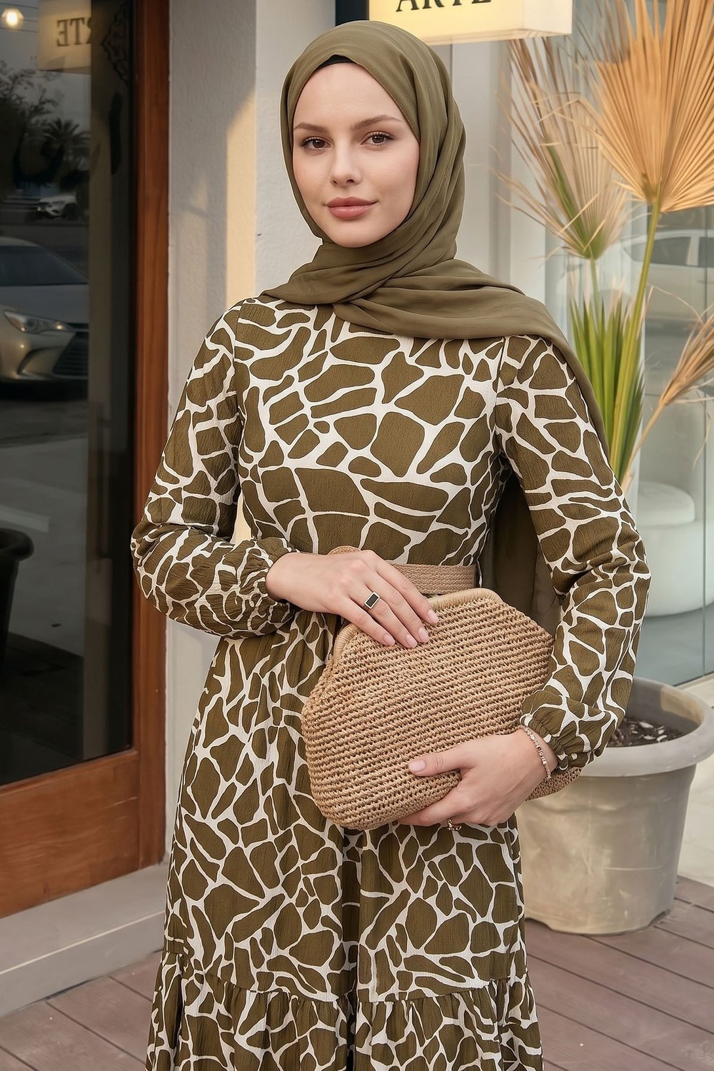 Else Stone Patterned Straw Belted Khaki Dress