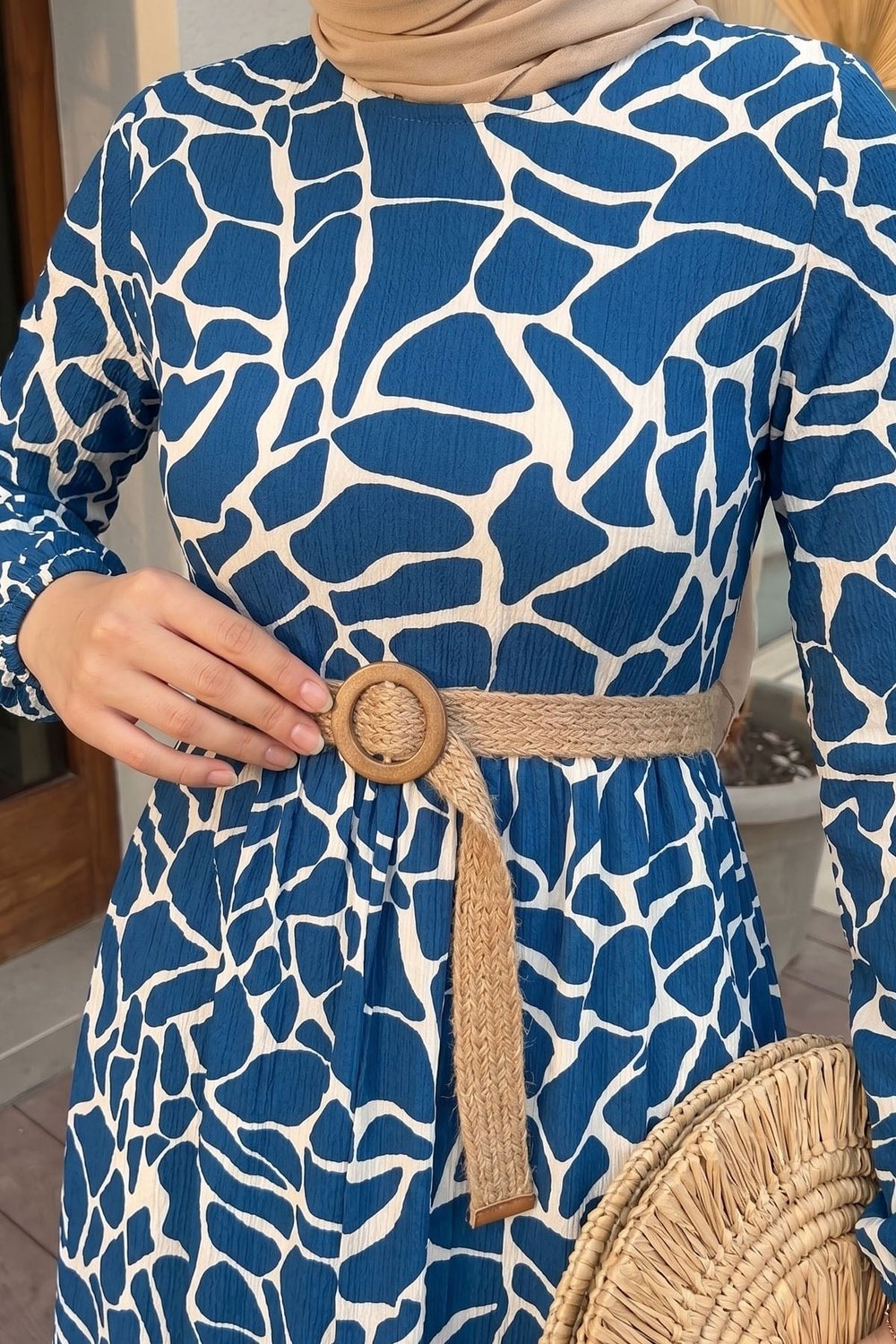 Else Stone Patterned Straw Belted Indigo Dress