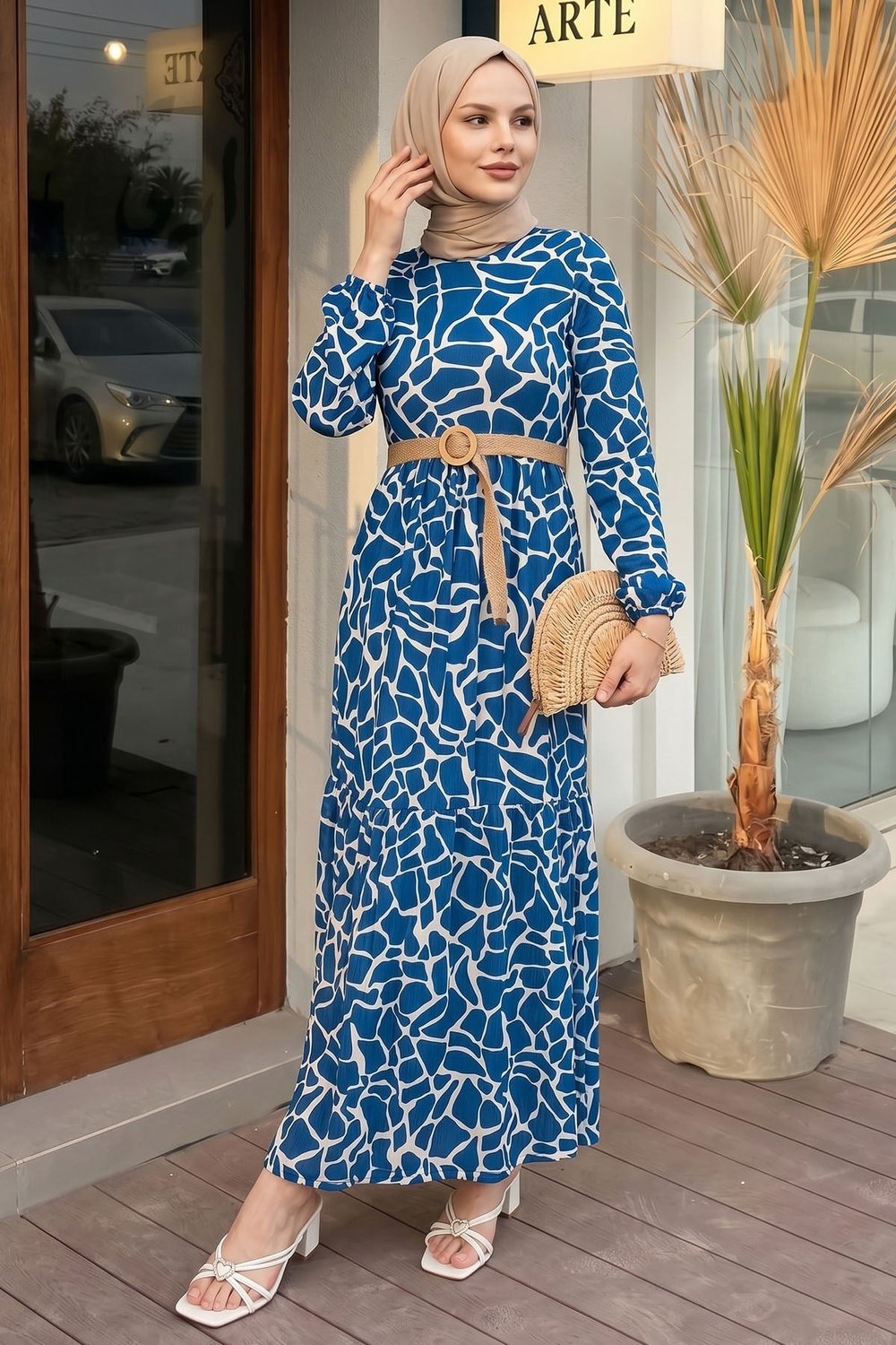 Else Stone Patterned Straw Belted Indigo Dress