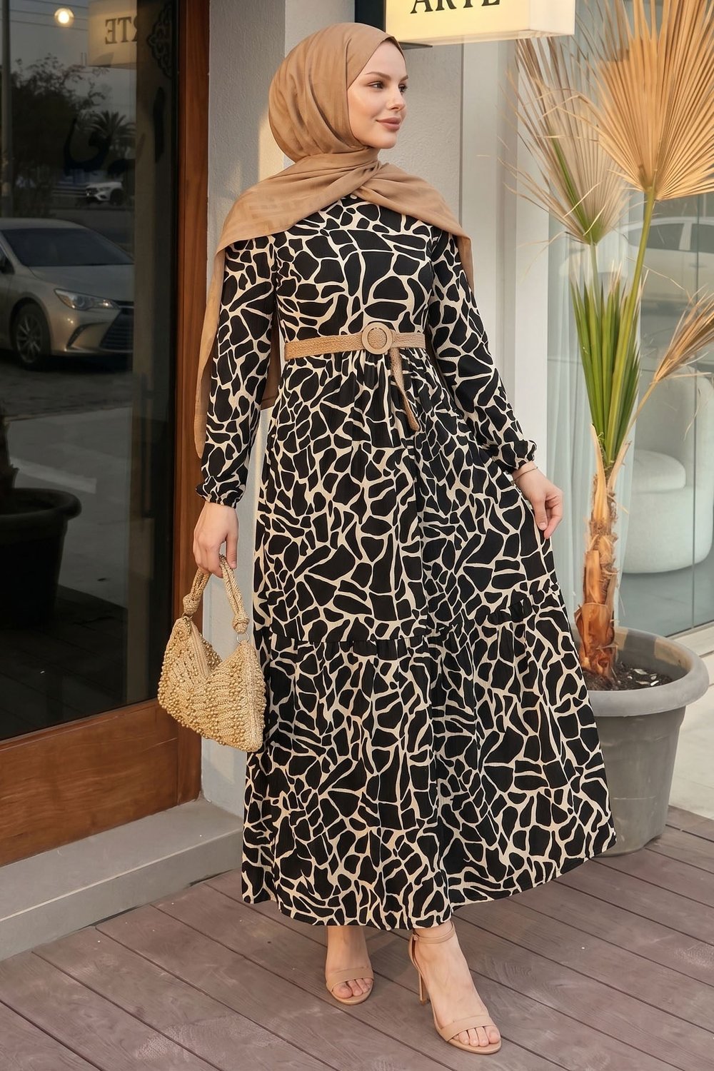 Else Stone Patterned Straw Belted Black Dress