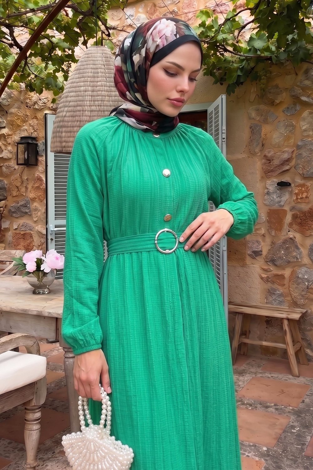 Emilya Gizli Patlı Düğme Detay Elbise - Yeşil