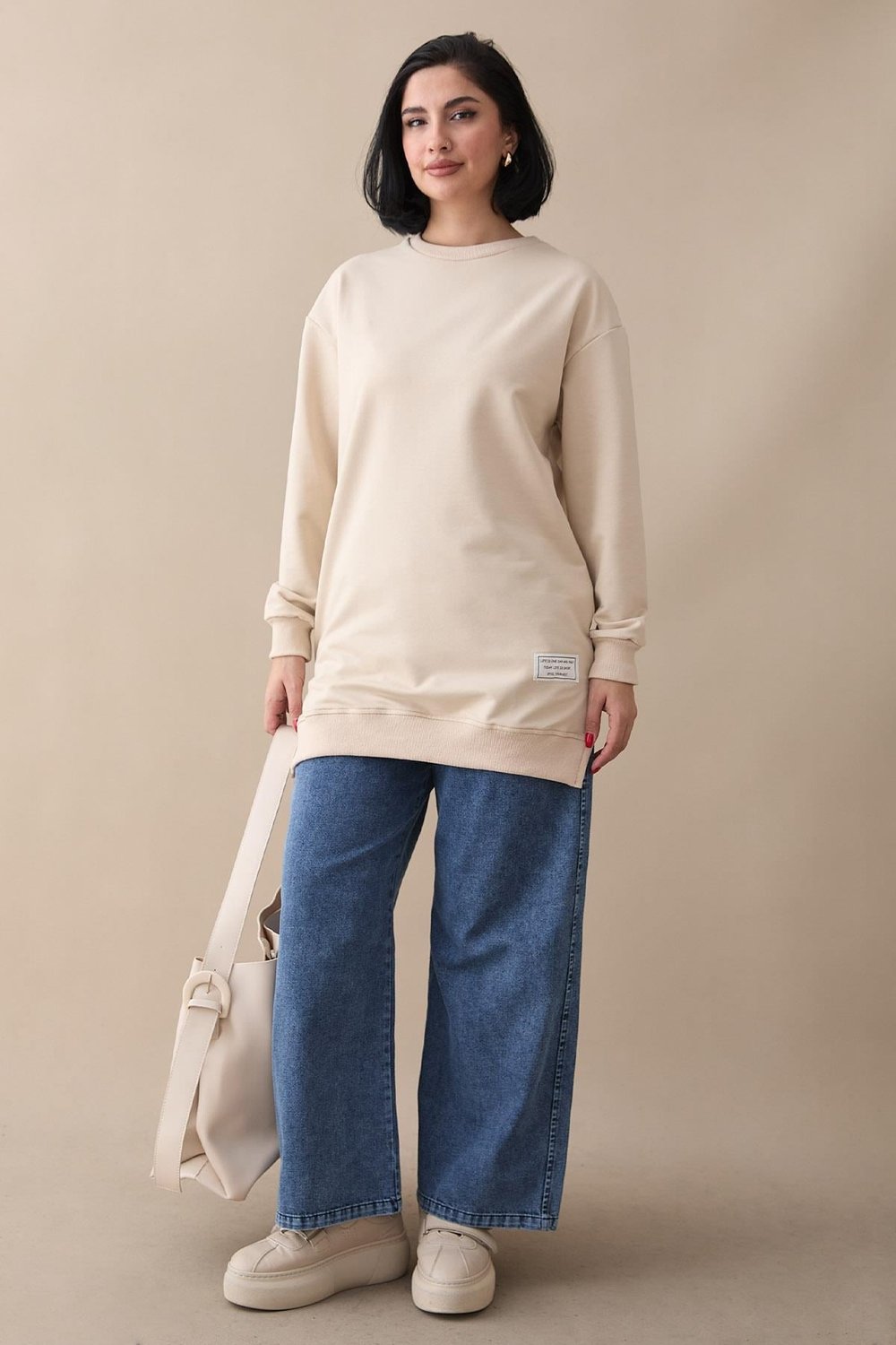 Etiket Detay Basic Bej Tunik