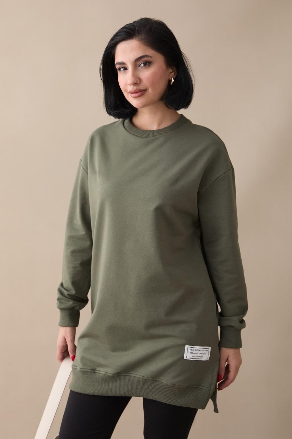 Etiket Detay Basic Haki Tunik