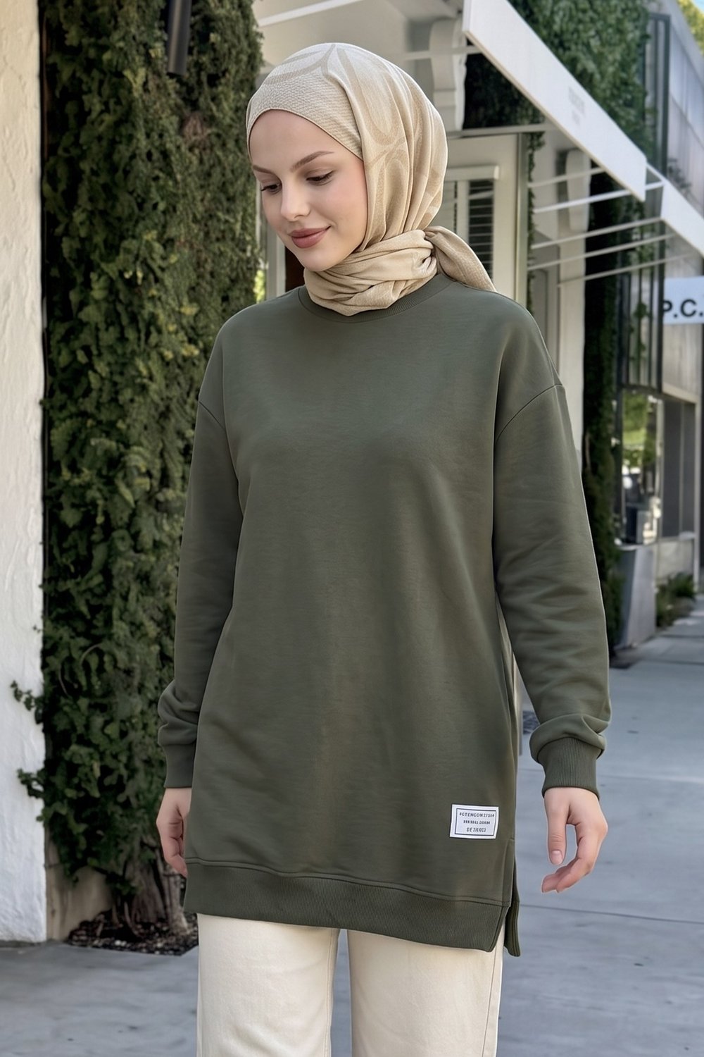 Etiket Detay Basic Haki Tunik