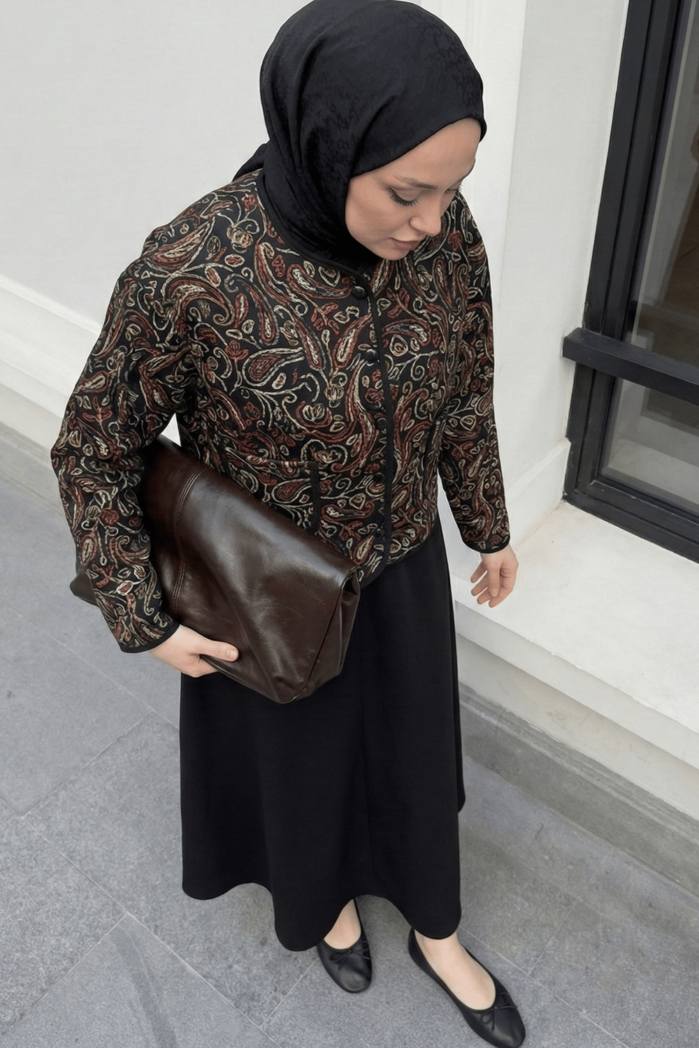 Etnik Desen Ceket Etek Siyah Takım