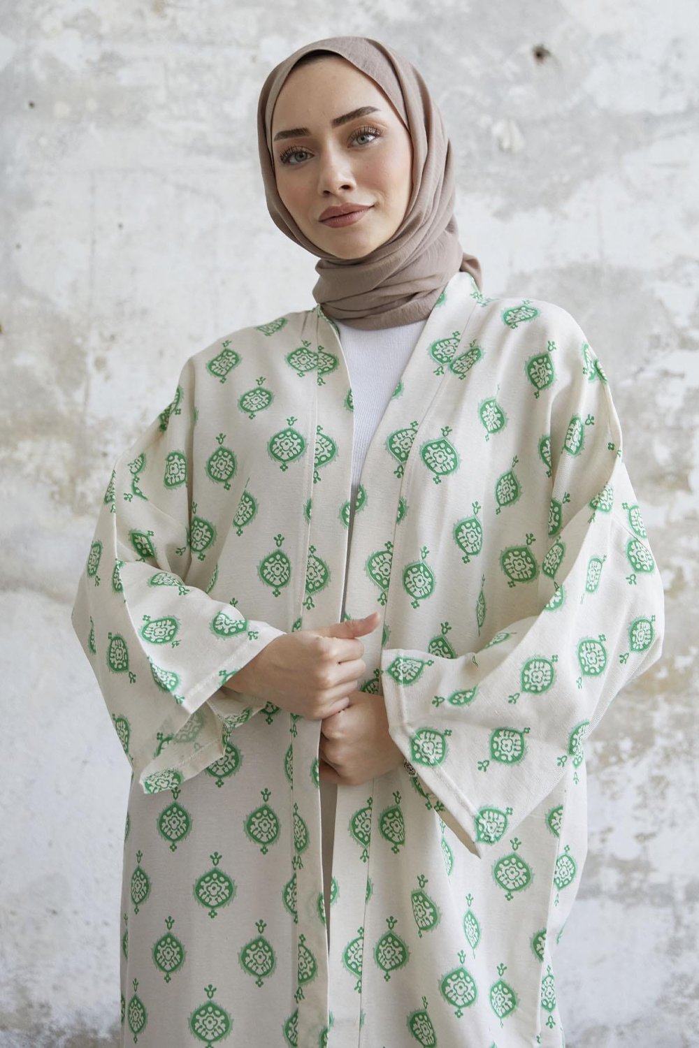 Etnik Desen Uzun Yeşil Kimono