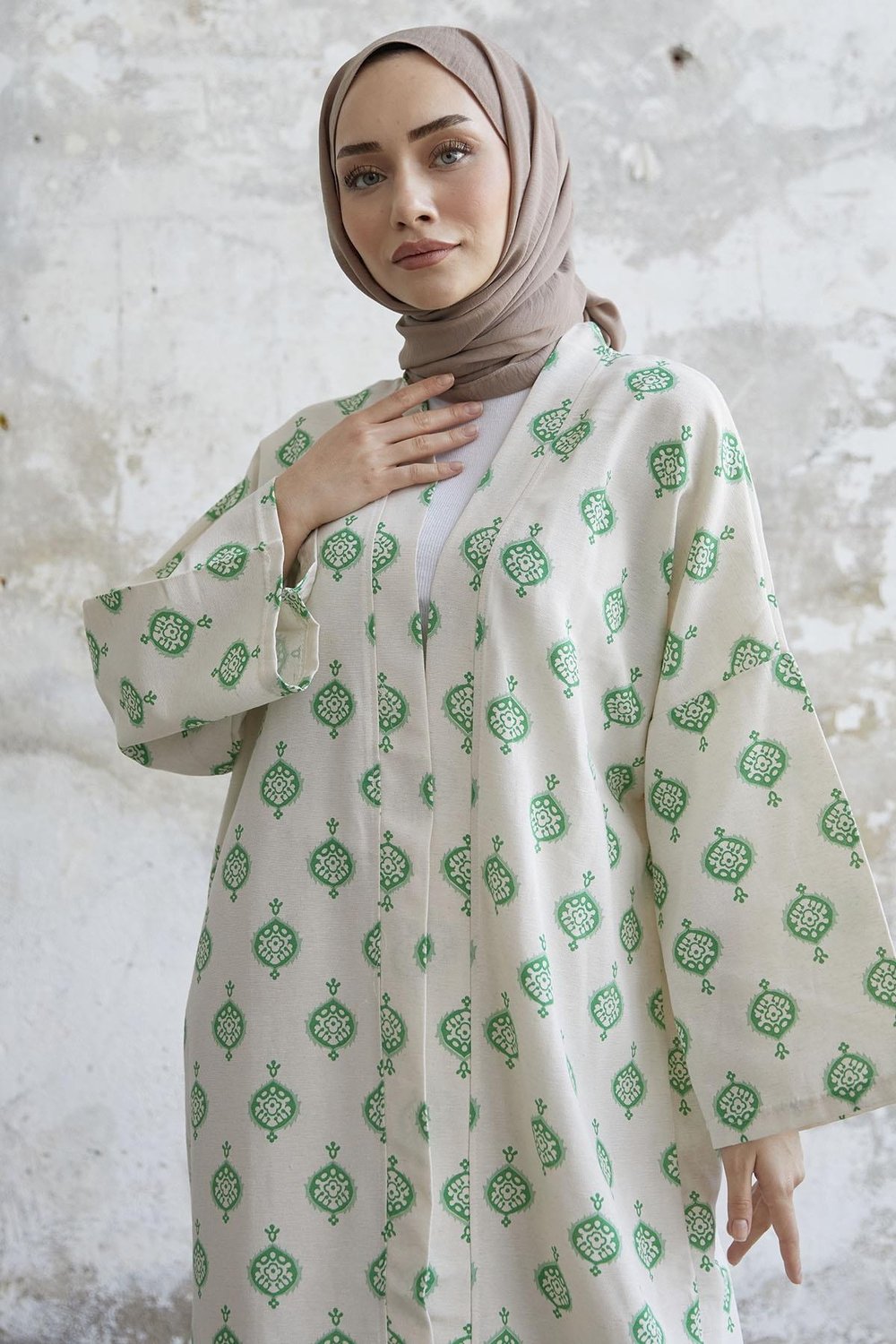 Etnik Desen Uzun Yeşil Kimono