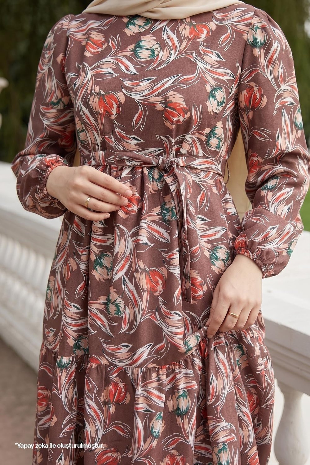 Felara Floral Belted Dress - Dark Brown