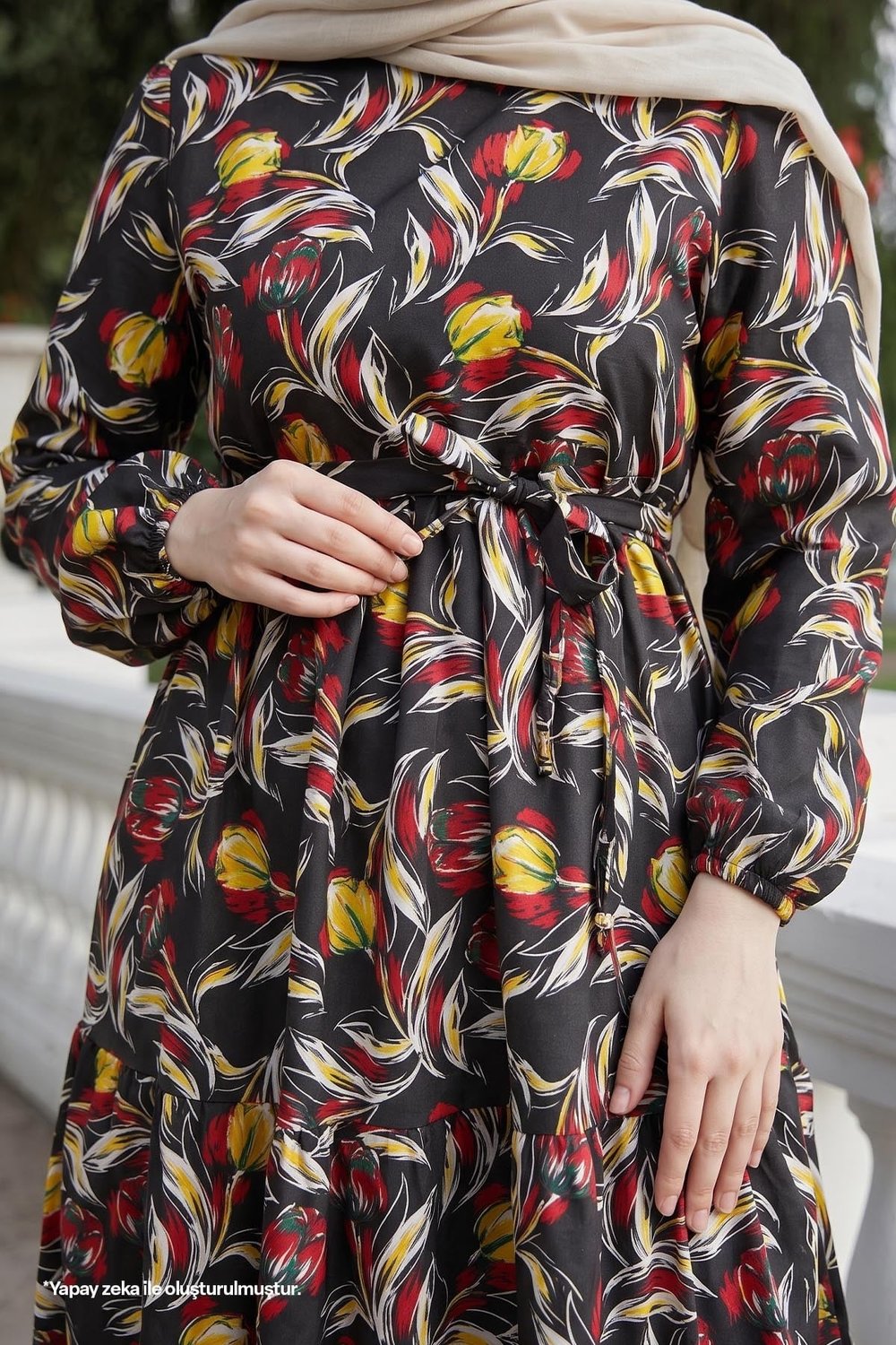 Felara Floral Belted Dress - Black