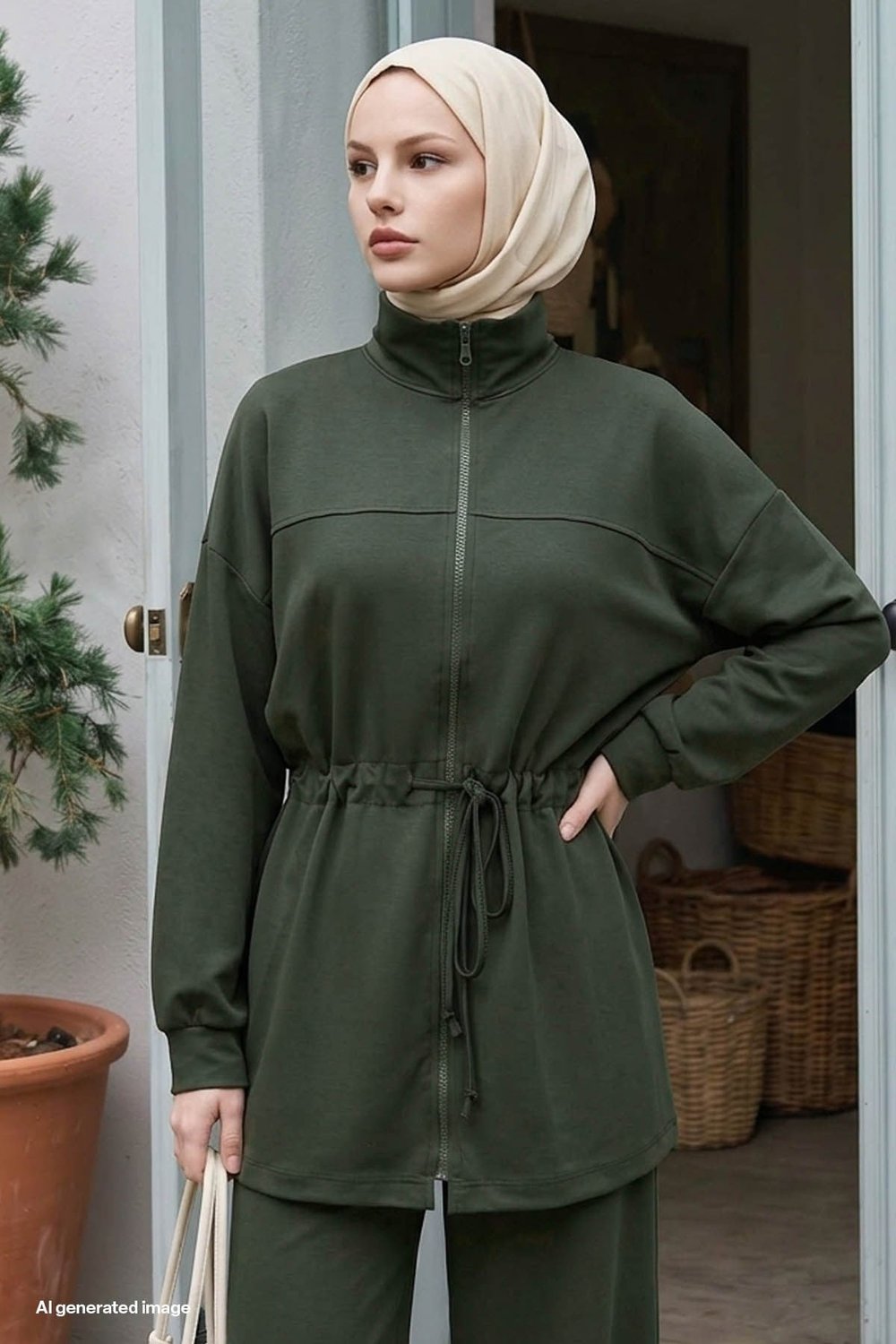 Fermuarlı Beli Büzgülü Koyu Yeşil Modal Takım