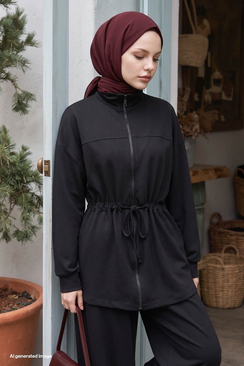 Fermuarlı Beli Büzgülü Siyah Modal Takım