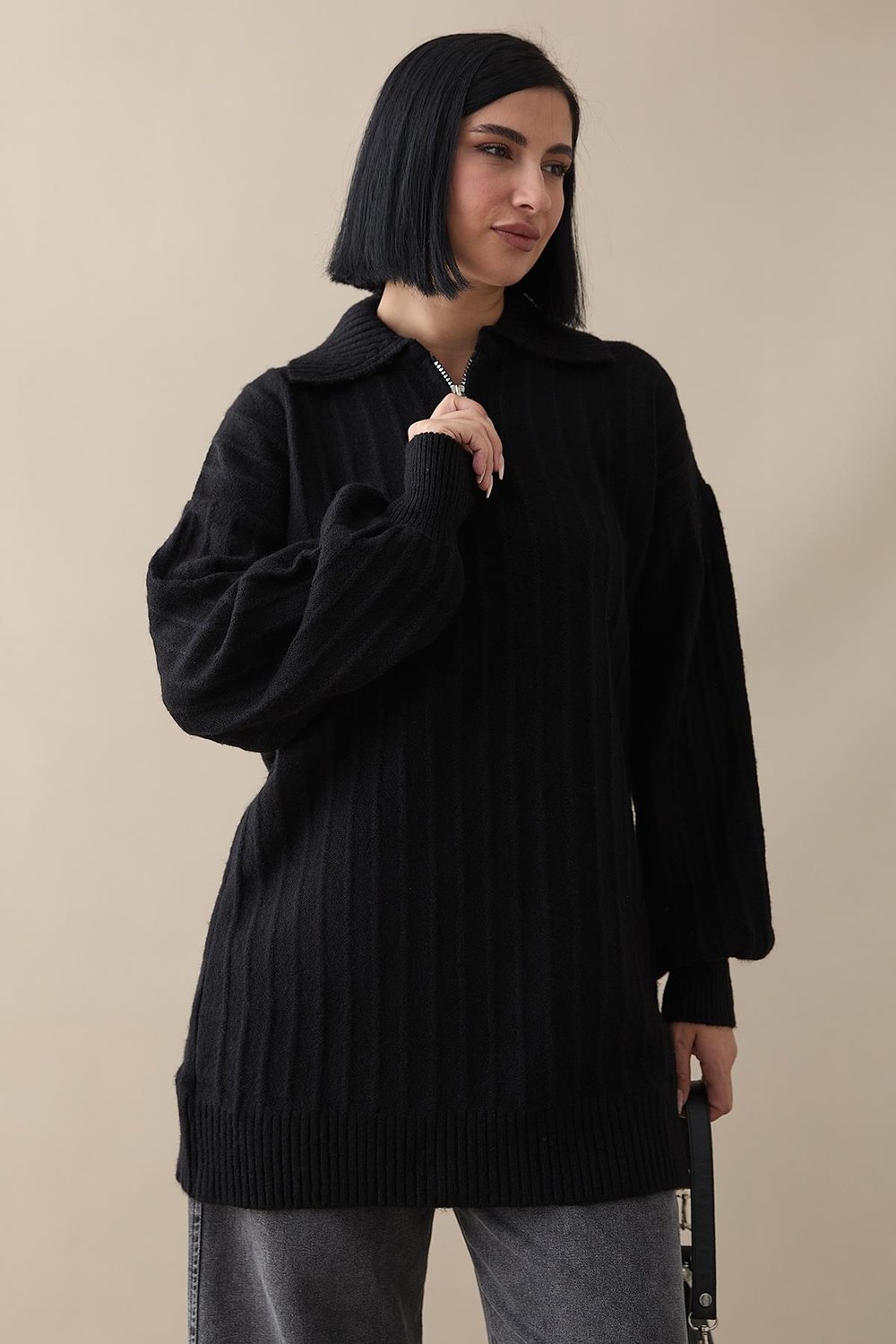 Zippered Plush Black Knit Sweater