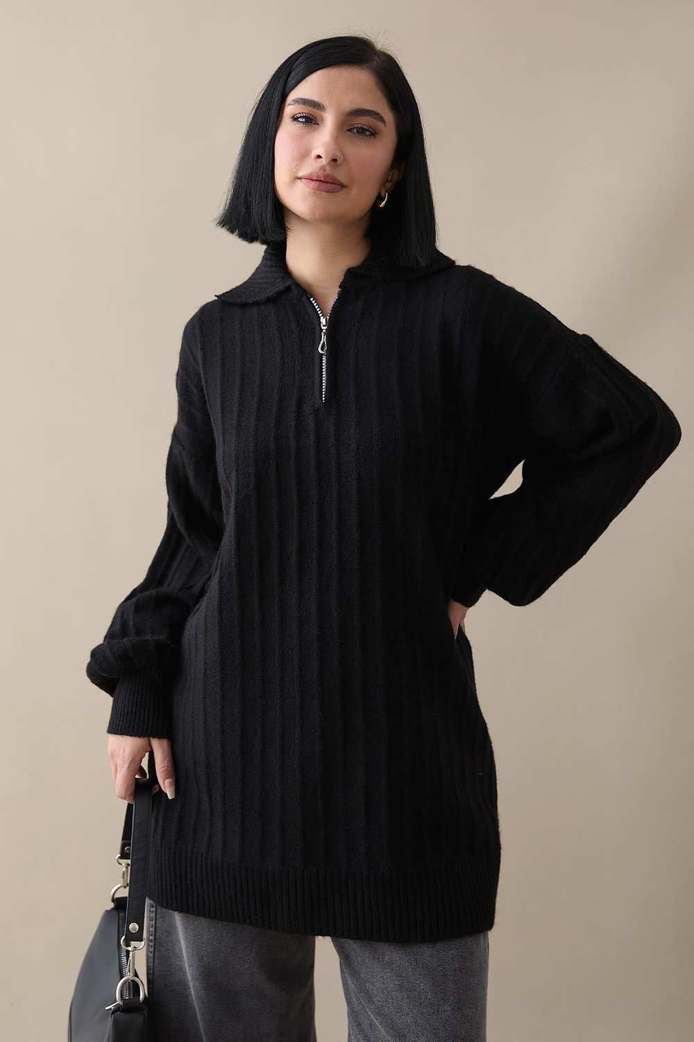 Zippered Plush Black Knit Sweater