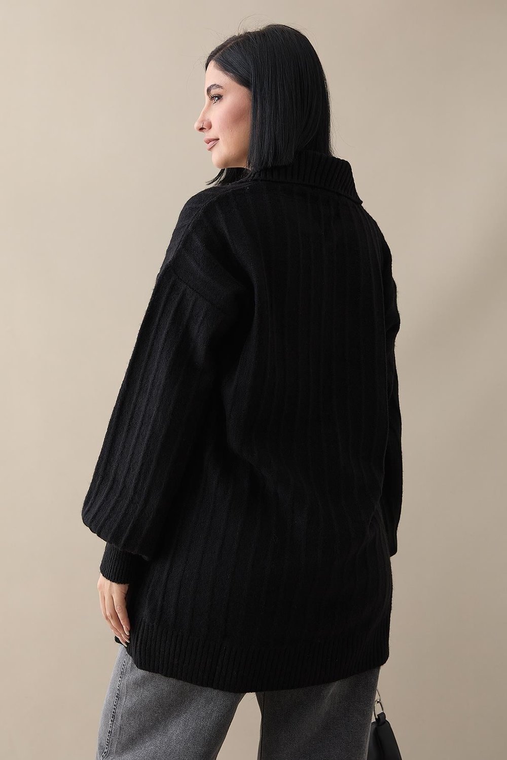 Zippered Plush Black Knit Sweater
