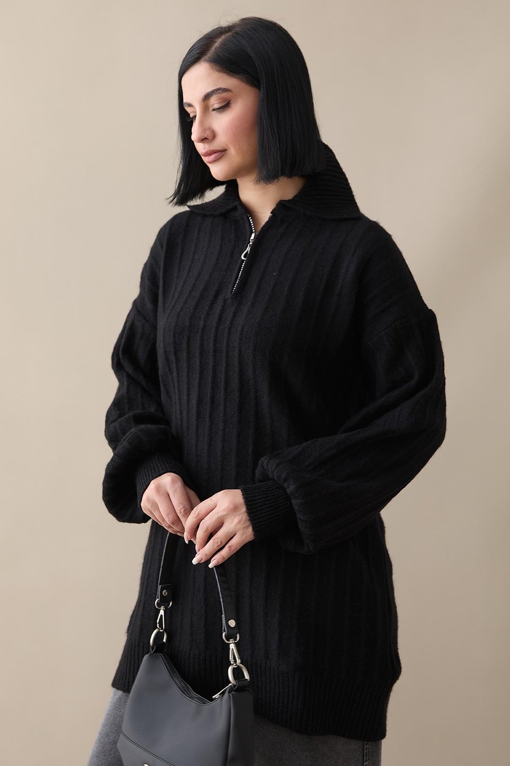 Zippered Plush Black Knit Sweater