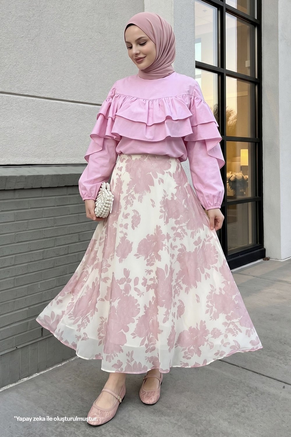 Fırfır Bluzlu Etekli Pembe Takım