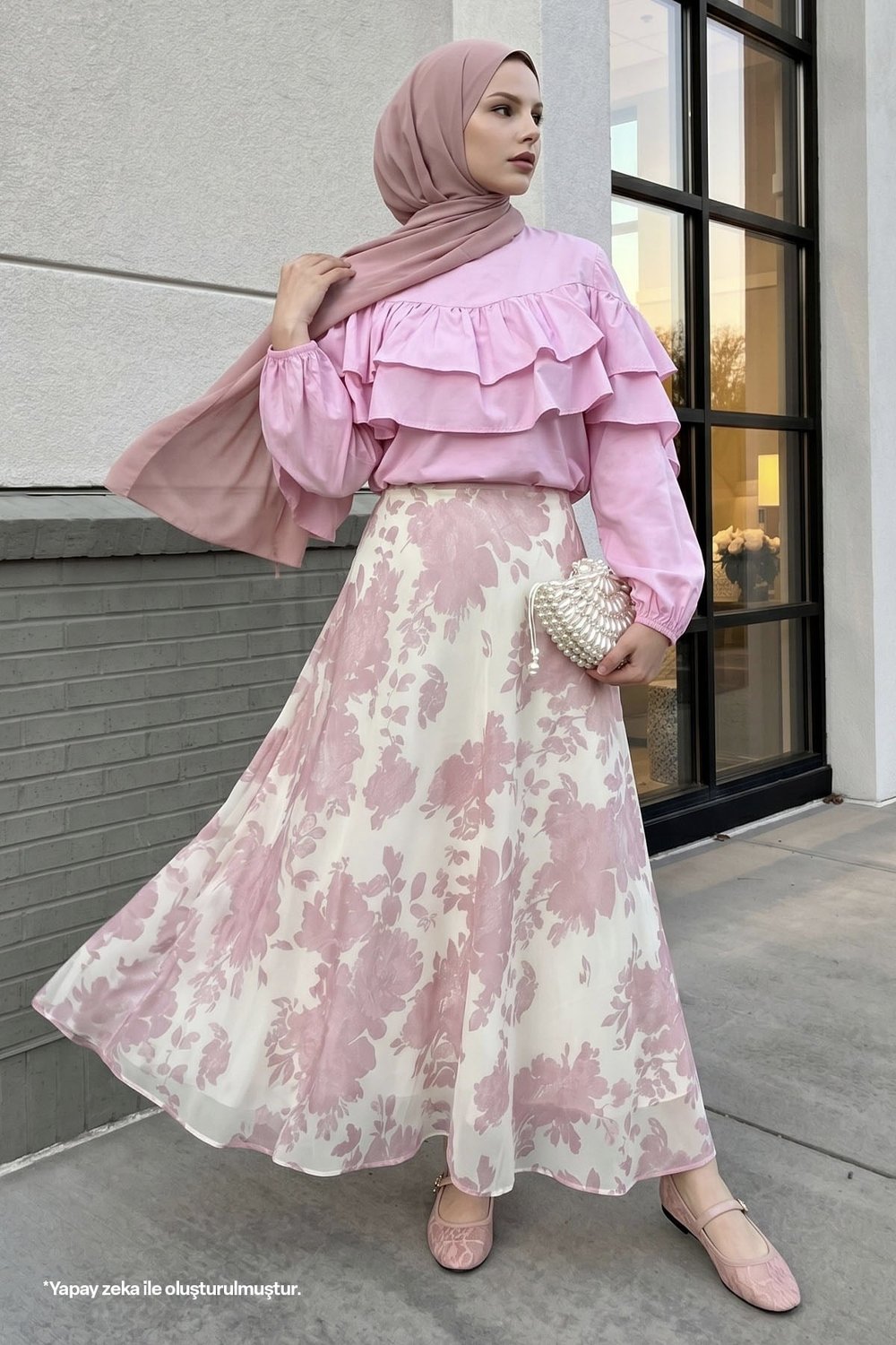 Fırfır Bluzlu Etekli Pembe Takım
