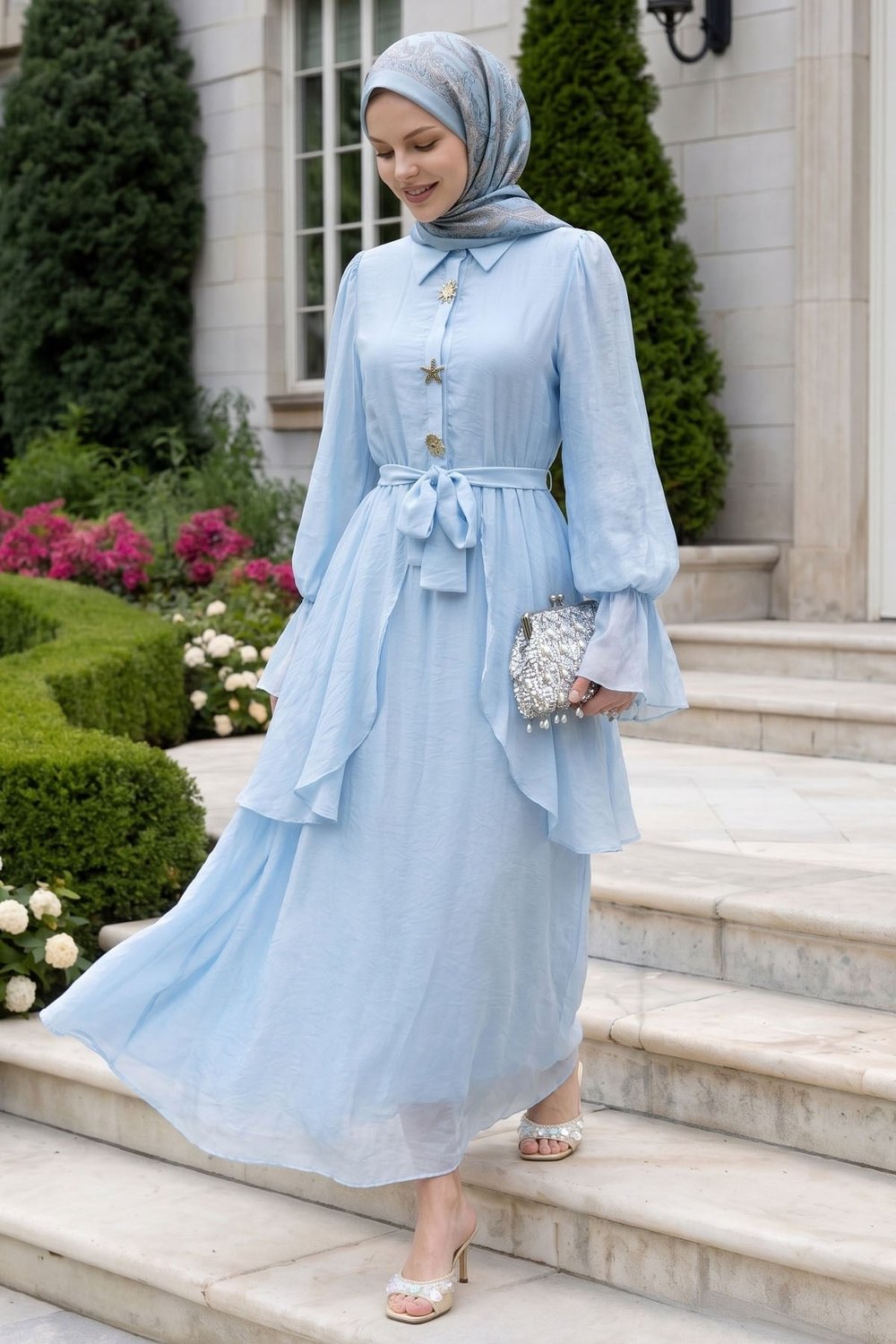 Fırfır Kol Gold Tokalı Açık Mavi Elbise