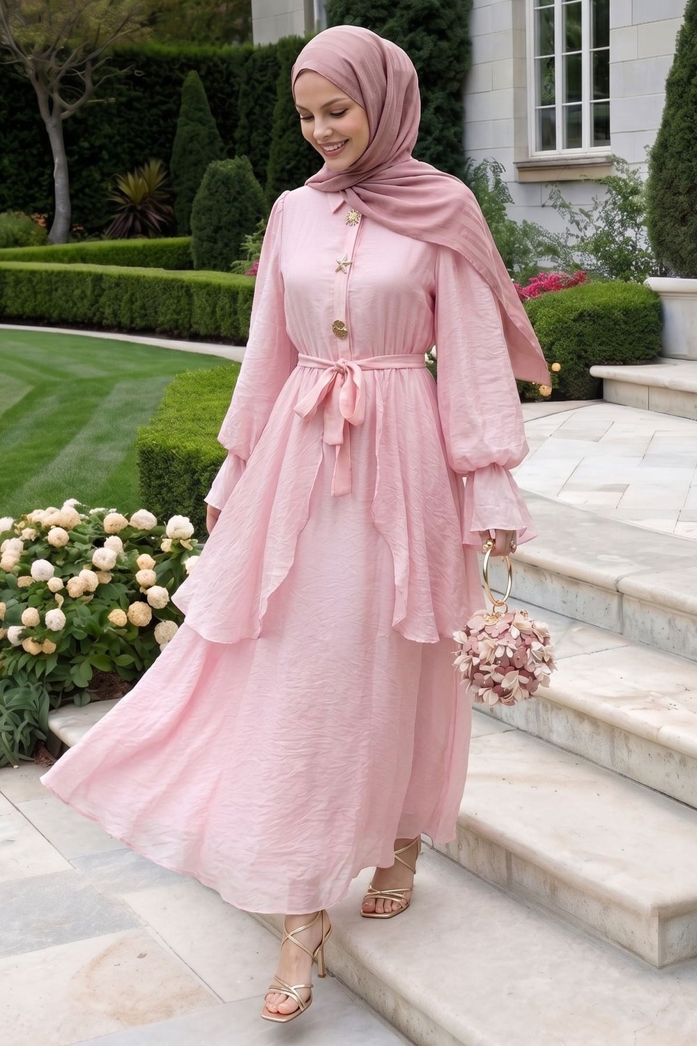 Fırfır Kol Gold Tokalı Açık Pembe Elbise