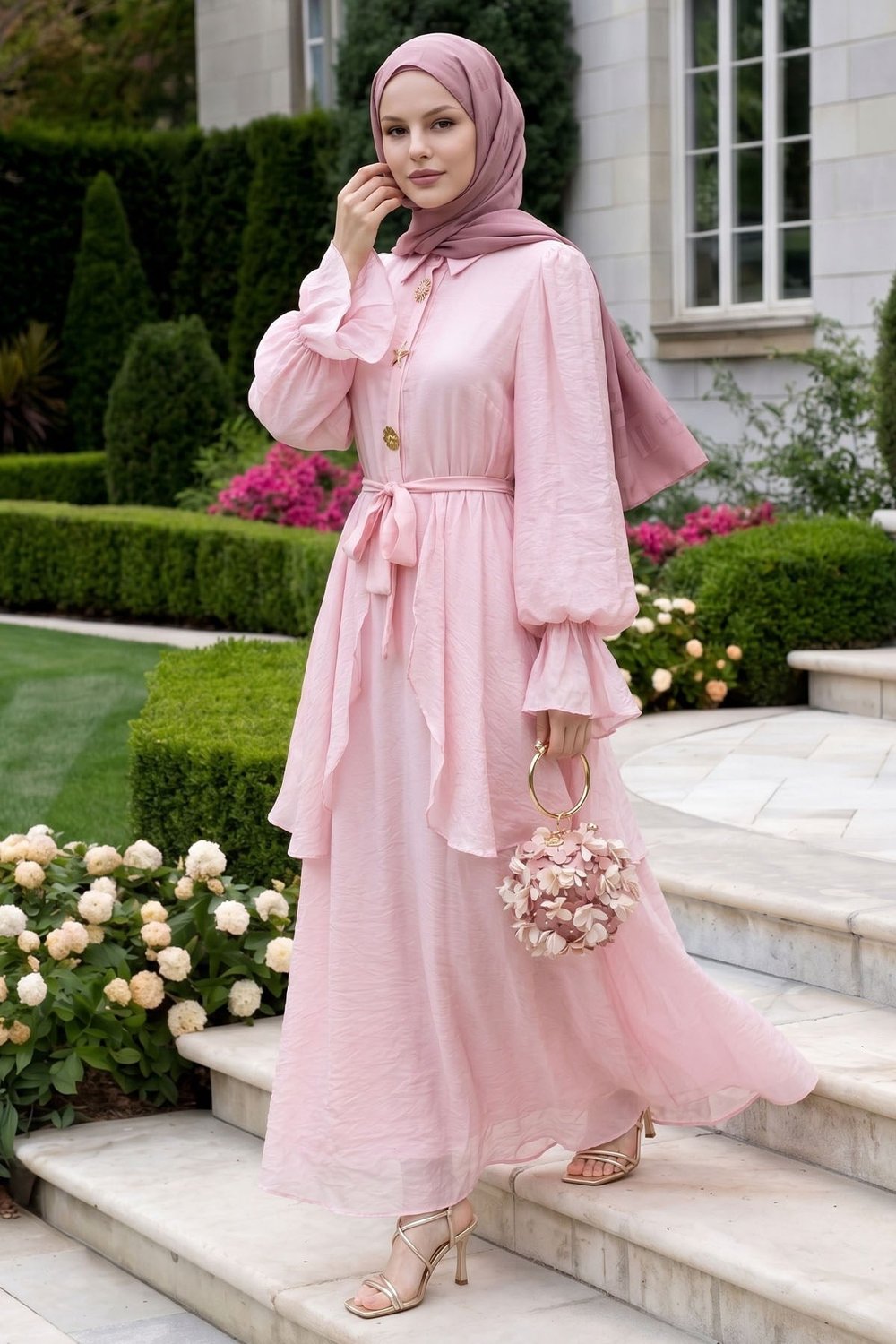 Fırfır Kol Gold Tokalı Açık Pembe Elbise