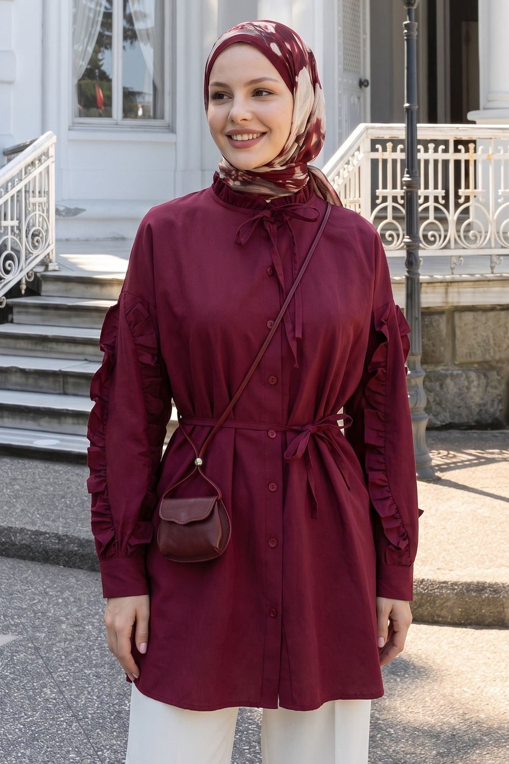 Fırfır Kol Kuşaklı Bordo Tunik