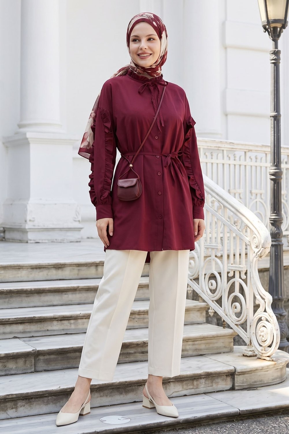 Fırfır Kol Kuşaklı Bordo Tunik