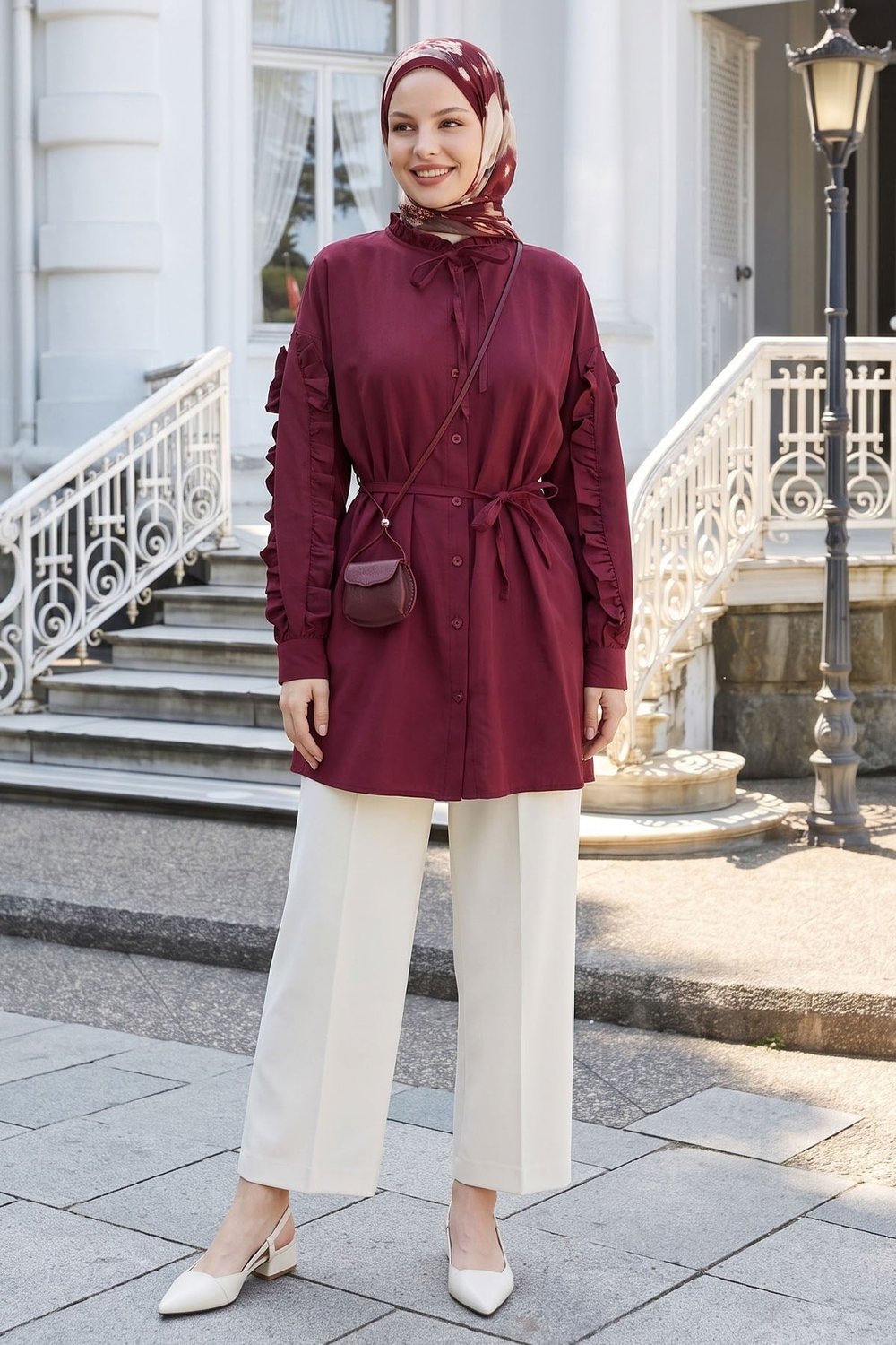 Fırfır Kol Kuşaklı Bordo Tunik