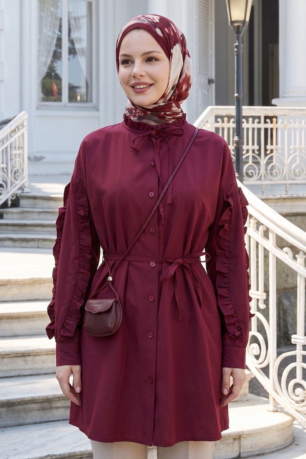 Fırfır Kol Kuşaklı Bordo Tunik