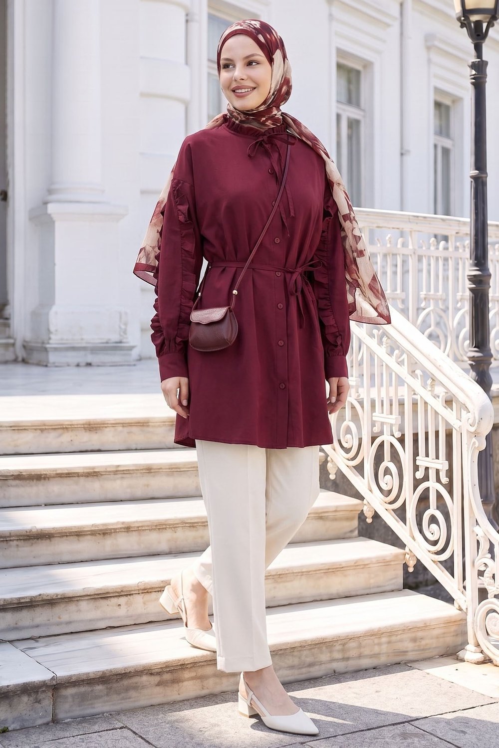 Fırfır Kol Kuşaklı Bordo Tunik