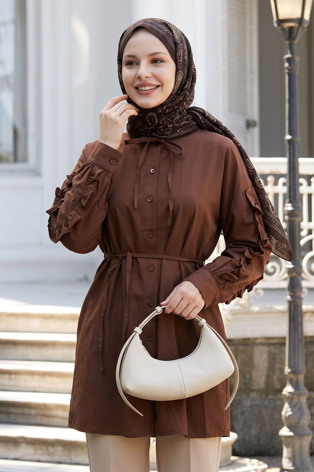 Fırfır Kol Kuşaklı Kahverengi Tunik