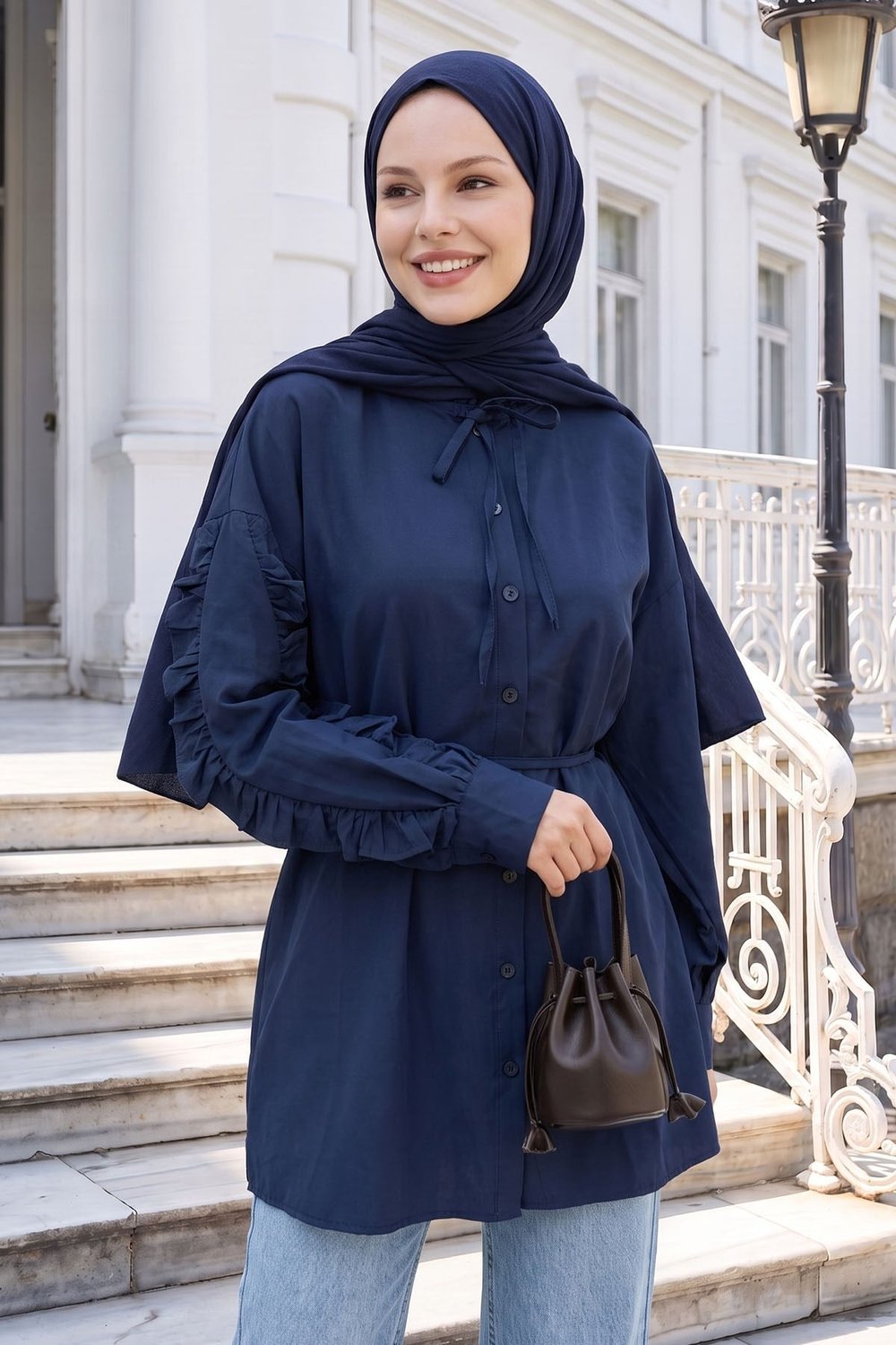 Fırfır Kol Kuşaklı Lacivert Tunik