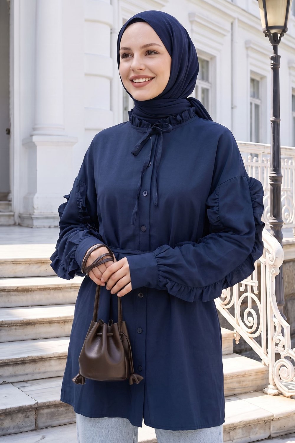 Fırfır Kol Kuşaklı Lacivert Tunik