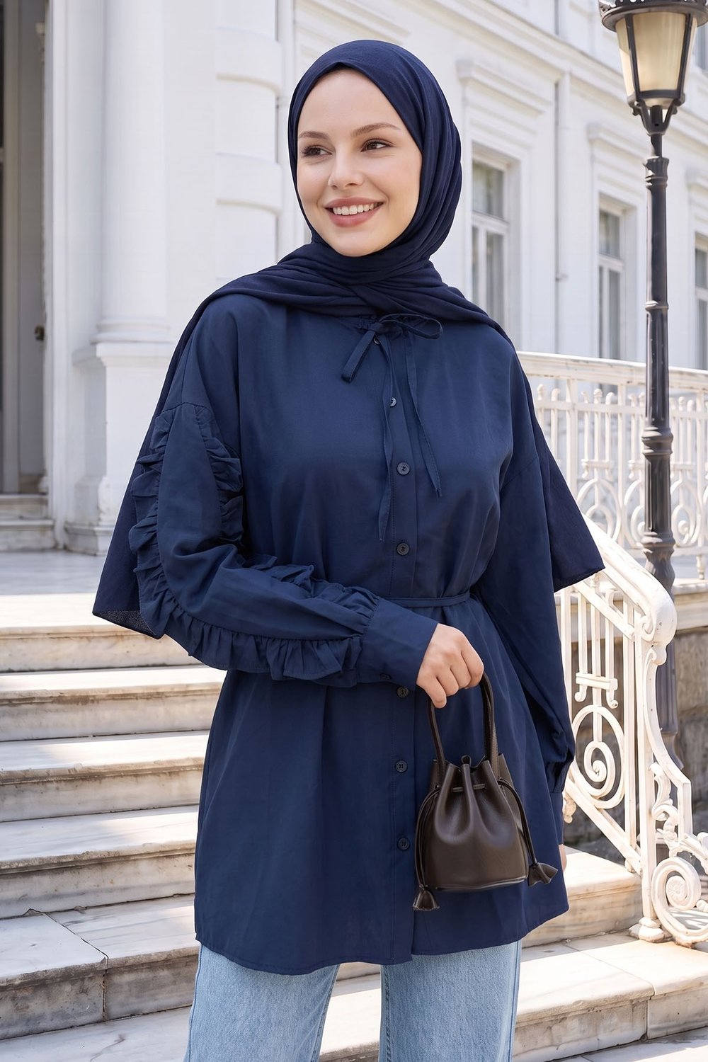 Fırfır Kol Kuşaklı Lacivert Tunik