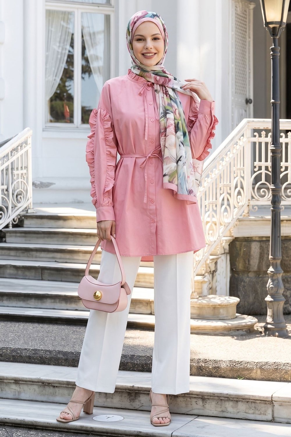 Fırfır Kol Kuşaklı Pembe Tunik